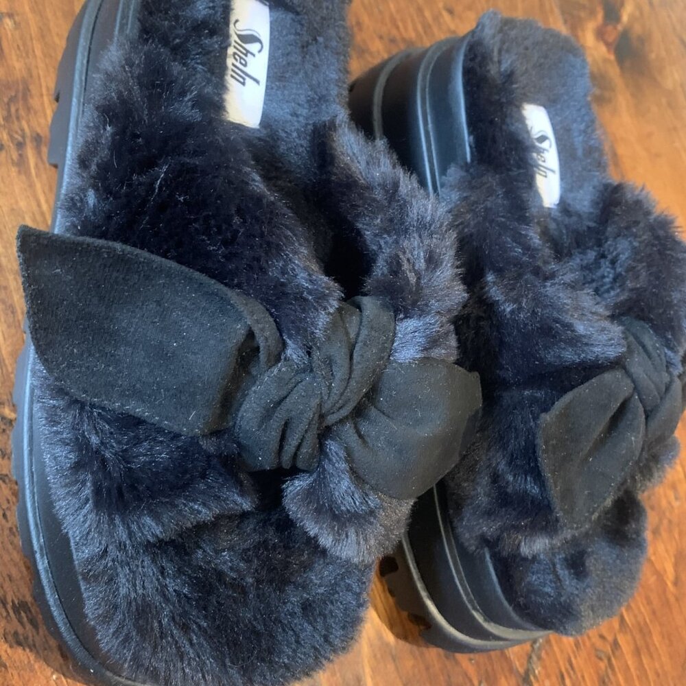 Black Faux Fur Platform Slide Sandals -  Women